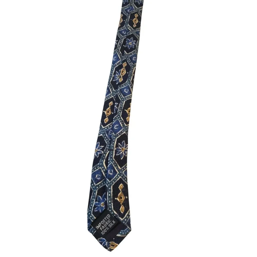 Etro Neck Tie Mens Italian Luxury‎ Blue Navy Tan Floral Silk Made in USA Office